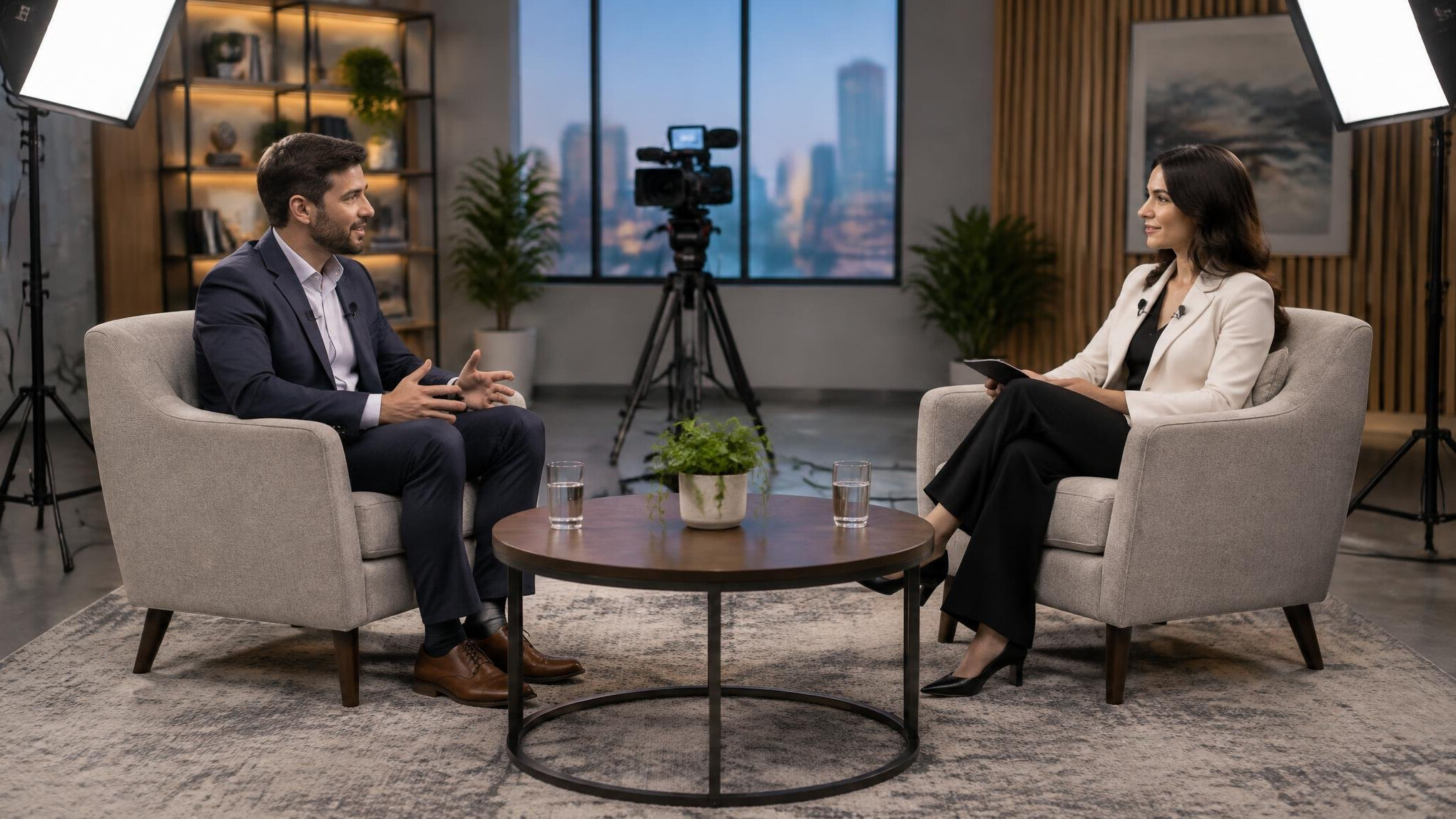 Interview set with two chairs, microphones and a camera