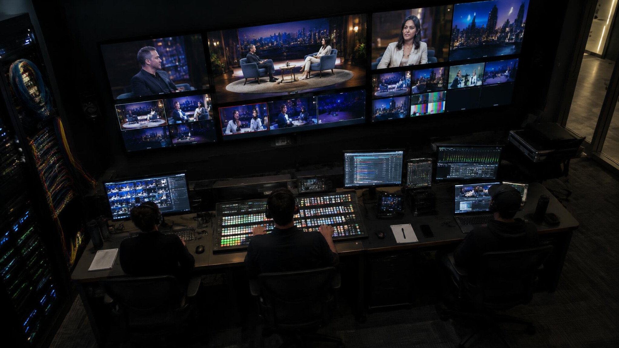 Broadcast control room with multiple video monitors