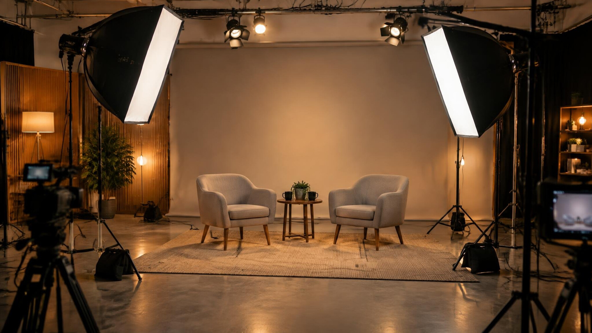 Professional studio lighting rig set up for a television interview