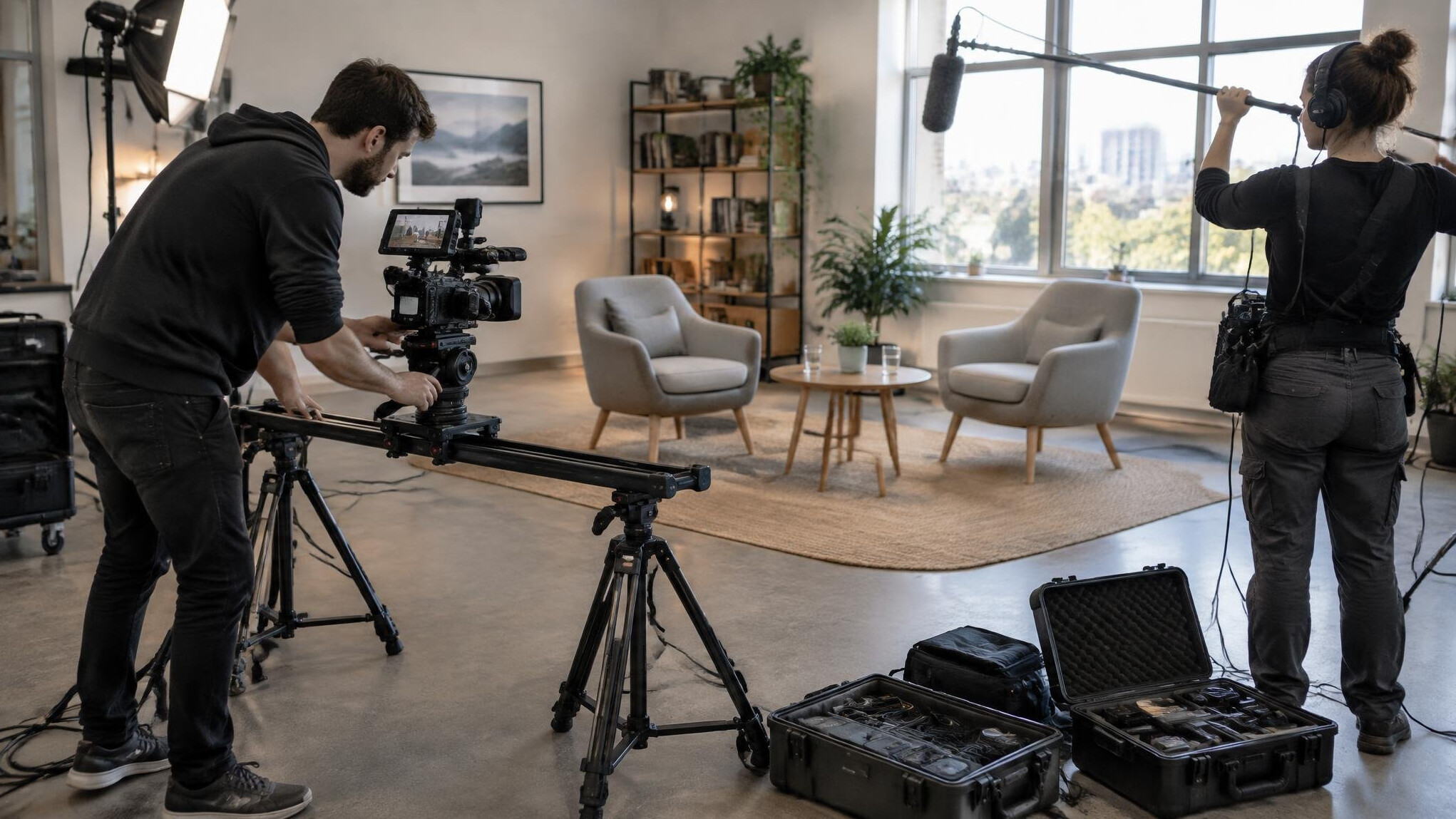 Crew setting up camera equipment for an interview
