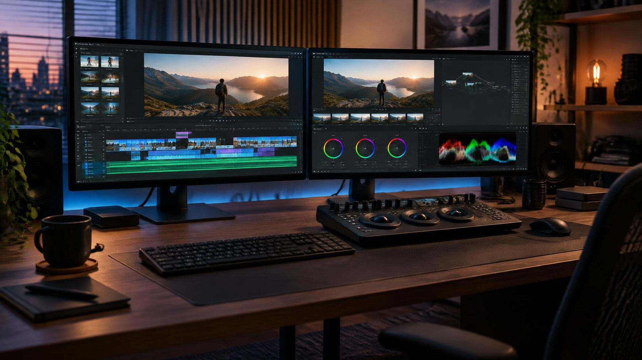 Video editing suite with dual monitors