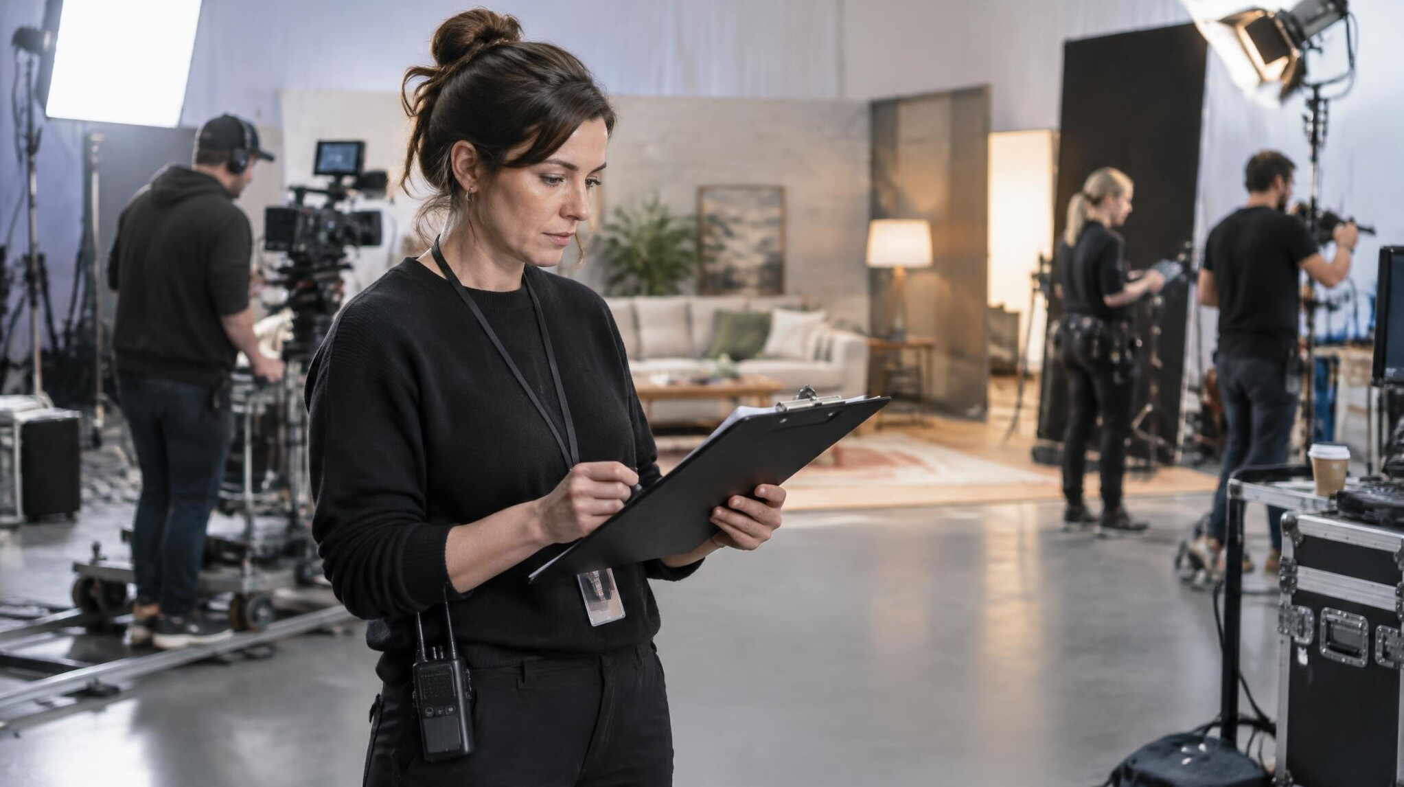 Producer reviewing a shot list on a clipboard on set