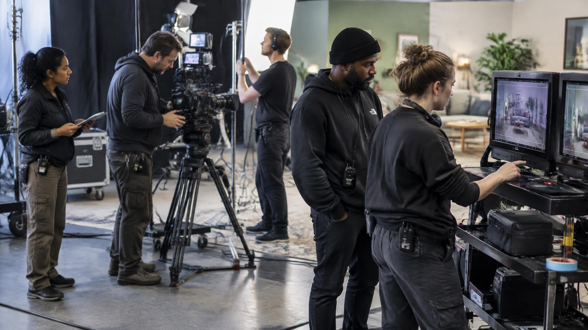 Production crew working together behind the scenes
