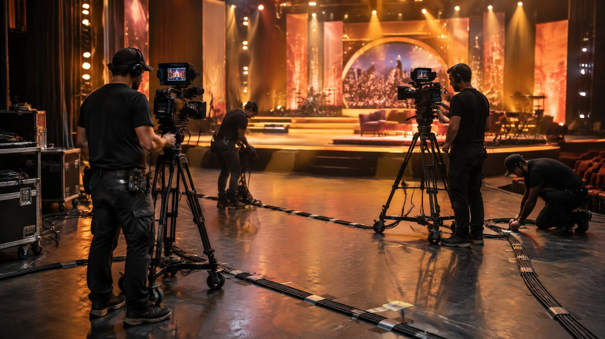 Crew setting up cameras before a live show