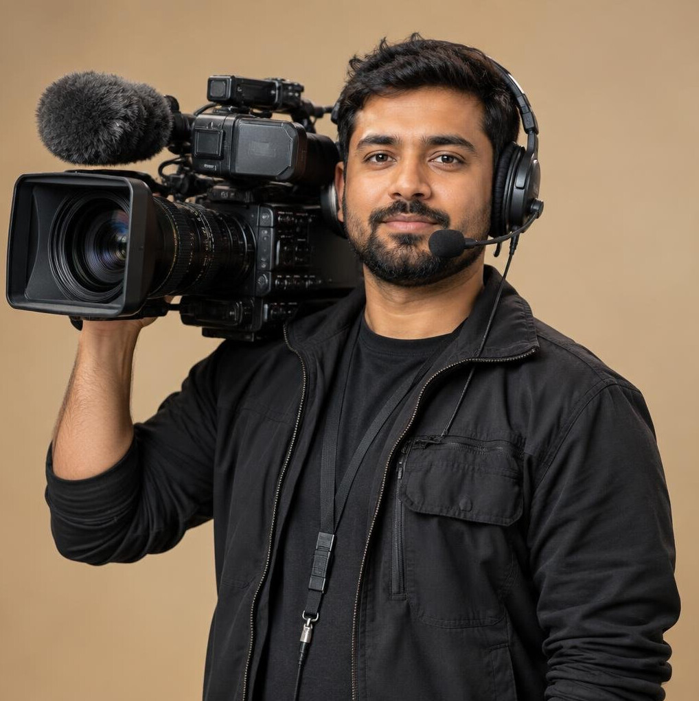 Camera operator holding a professional video camera at an event